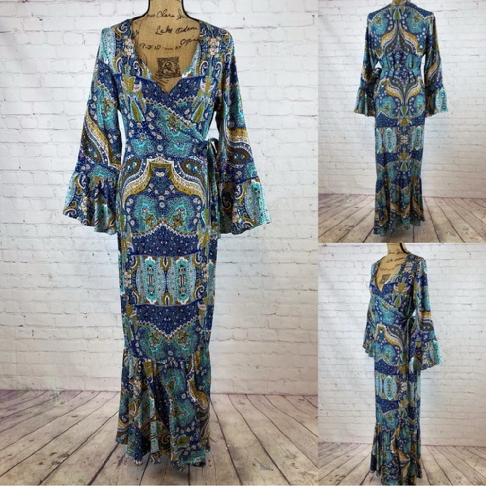 Bohemian Teal Paisley Crossfront Bell Sleeve Ruffled Wrap Maxi
